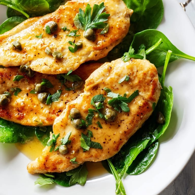 A close view of Spinach Lemon Butter Chicken, showcasing golden-brown chicken, wilted spinach, and a vibrant, citrusy lemon butter sauce.