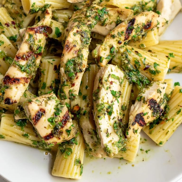 Perfectly cooked chimichurri chicken pasta served warm, garnished with fresh parsley and lemon wedges for a zesty, dairy-free weeknight dinner.