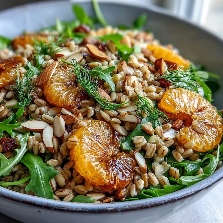 A colorful bowl of farro salad with fennel, oranges, and almonds, tossed in a lemon-orange dressing for a refreshing lunch.