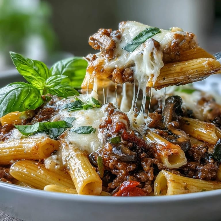 This savory High Protein Italian Beef and Pasta Bake features golden, browned cheese topping and turkey pepperoni for a pizza-inspired flavor in every bite.  