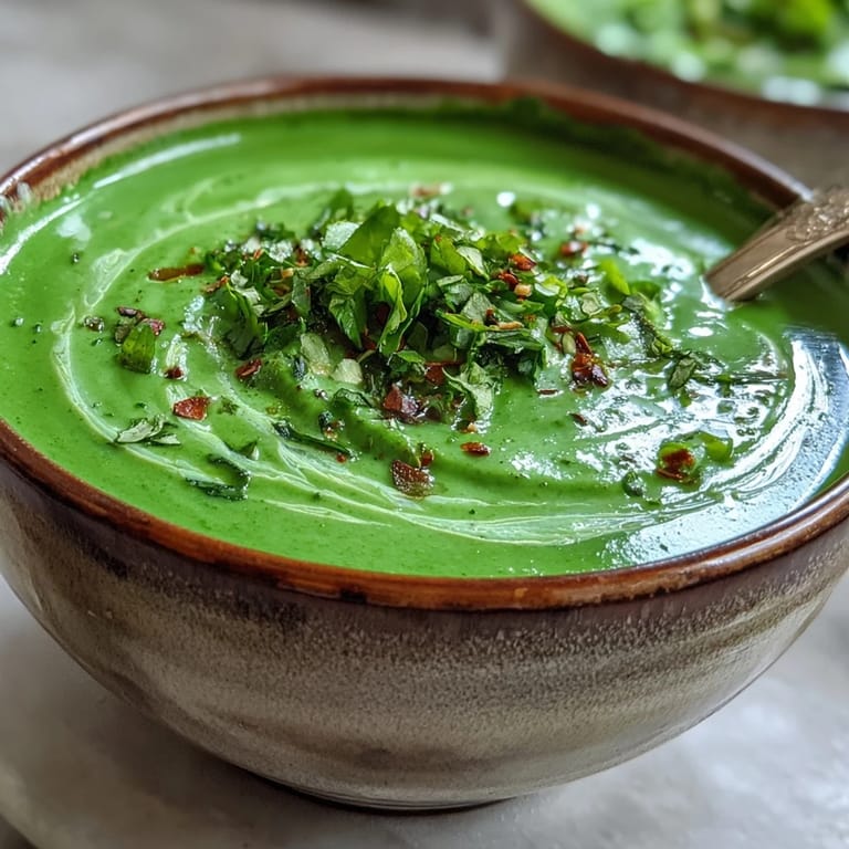 Creamy green Spinach Coriander Lemongrass Soup in a white bowl, ready to serve with a rustic spoon and warm crusty bread on the side.