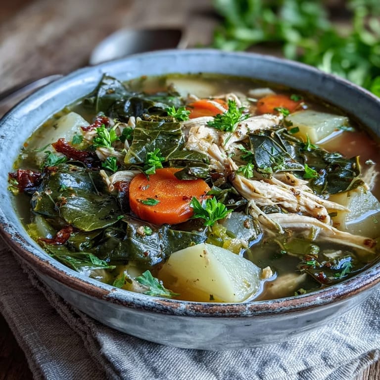 Close-up of herb-garnished collard green, chicken and vegetable soup bubbling in a rustic pot.