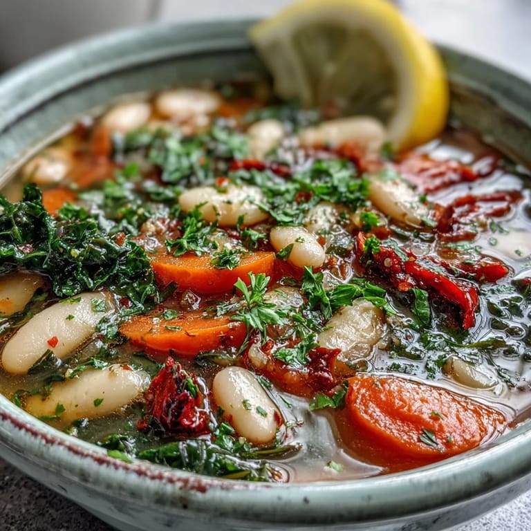 Hearty Mediterranean White Bean Stew simmering in a pot, with kale, red bell peppers, and spices visible.