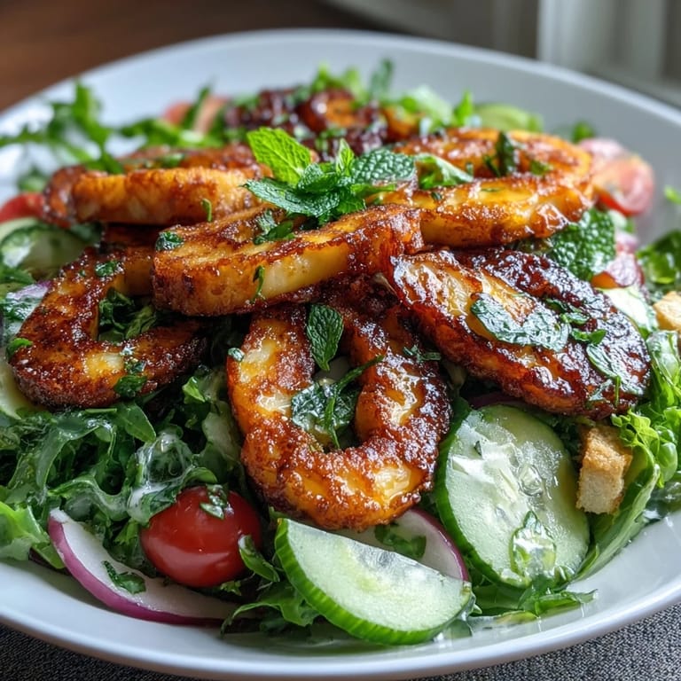 A close-up view of the Halloumi Blood Orange Fattoush salad, featuring warm fried cheese, colorful vegetables, and a zesty sumac vinaigrette drizzle.