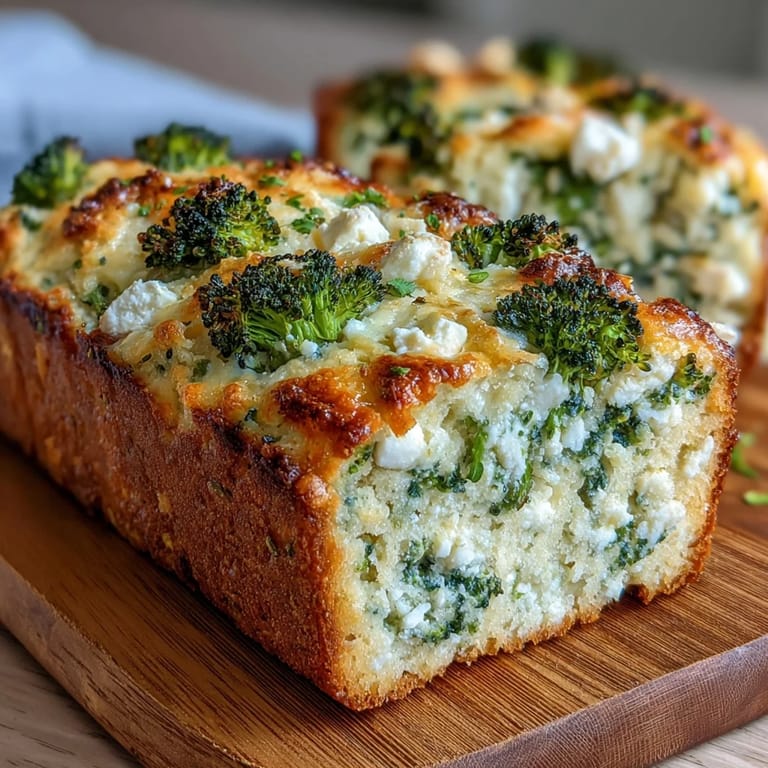 Slices of savory Broccoli and Feta Loaf on a wooden board, ready for a light lunch or dinner pairing.