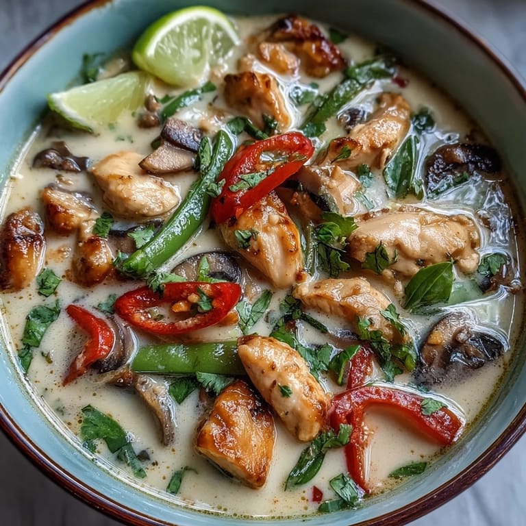 Thai Chicken Coconut Curry Soup in a rustic bowl with tender chicken, shiitake mushrooms, and snow peas in golden coconut broth.