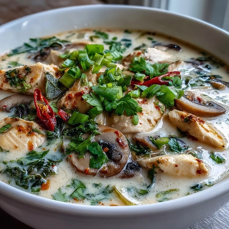 Steaming Authentic Tom Kha Gai reveals creamy coconut broth with tender chicken thighs and sliced mushrooms, capturing the cozy comfort of classic Thai cuisine.