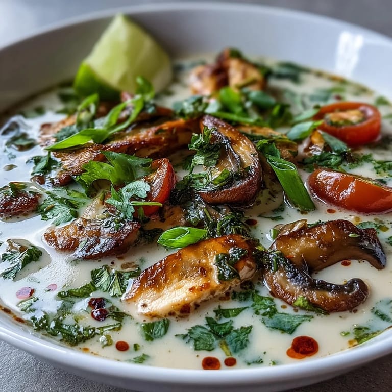Creamy Best Ever Tom Kha Gai Soup with tender chicken, mushrooms, and herbs in a golden coconut broth.
