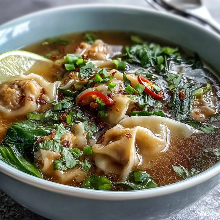 Fresh Tom Yum Wonton Soup garnished with lime wedges, cilantro, and chili oil, served alongside fluffy jasmine rice for a comforting meal.