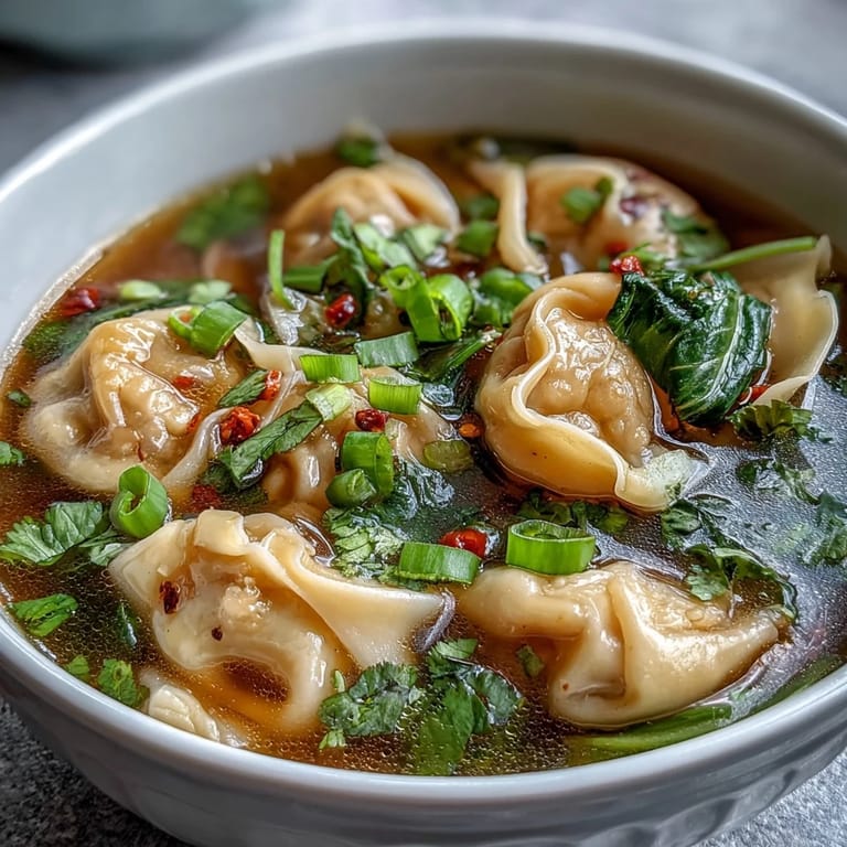 Overhead view of Tom Yum Wonton Soup in a rustic bowl, showcasing tender wontons, shiitake mushrooms, and wilted bok choy in aromatic broth.