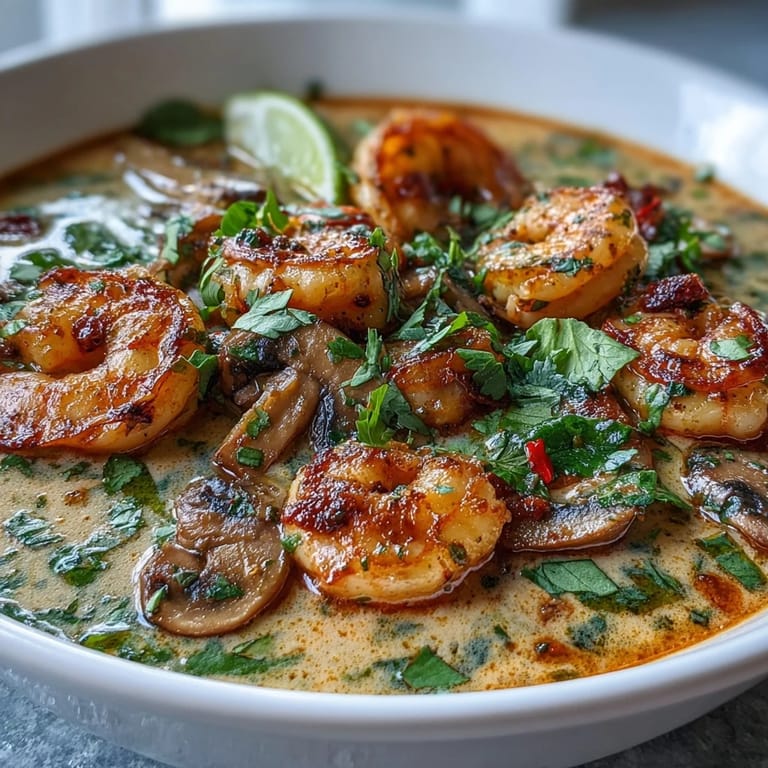 Thai Coconut Shrimp Soup with succulent shrimp in a creamy, aromatic broth, garnished with fresh cilantro and lime.