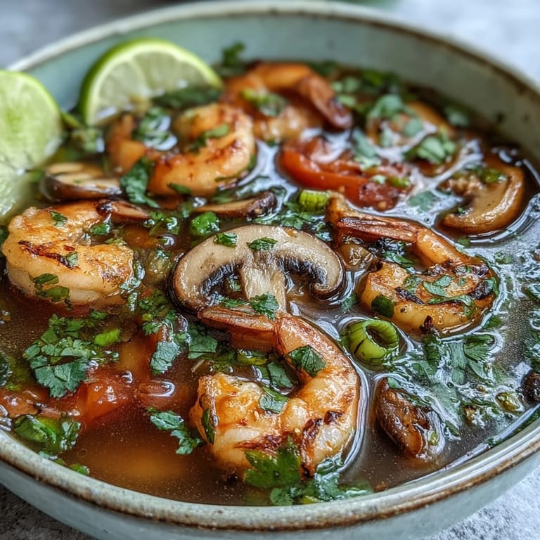Close-up of vibrant Tom Yum Soup, highlighting tender shrimp and tomato wedges in a spicy, sour broth infused with lemongrass and Thai chiles.