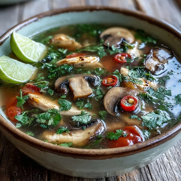 A warm bowl of Tom Yum Gai with chicken and vegetables, served with lime wedges on a dark wooden table.