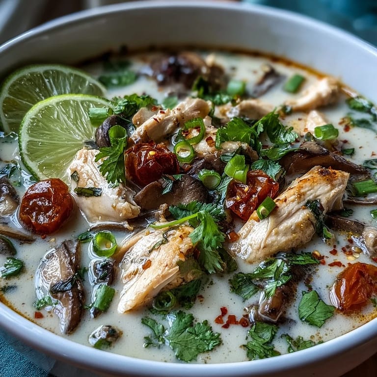 Spoon lifting Best Ever Tom Kha Gai Soup from a rustic bowl with lime wedges and cilantro garnish.