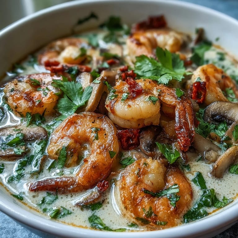 A bowl of Thai Coconut Shrimp Soup featuring vibrant red curry and coconut milk, served steaming hot with lime.
