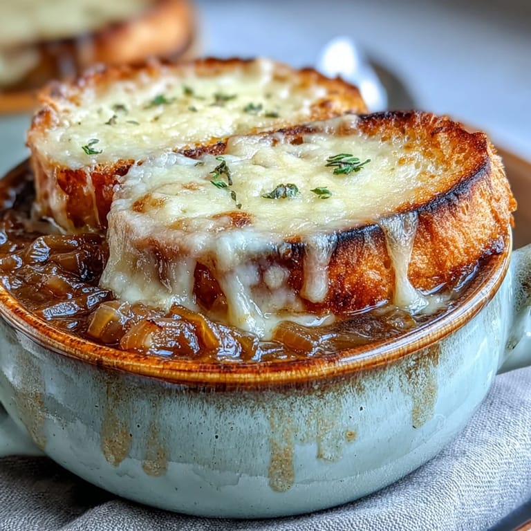 Steaming bowl of French Onion Soup featuring deeply caramelized onions and crusty bread under a layer of broiled cheese.