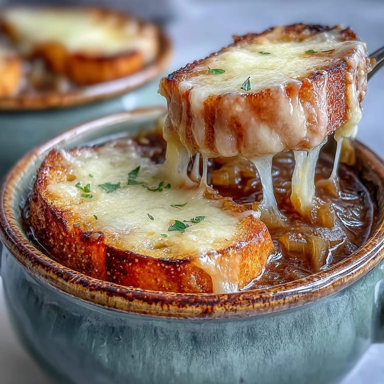 Classic French Onion Soup served in a rustic ceramic bowl, garnished with melted Gruyère and thyme sprigs.
