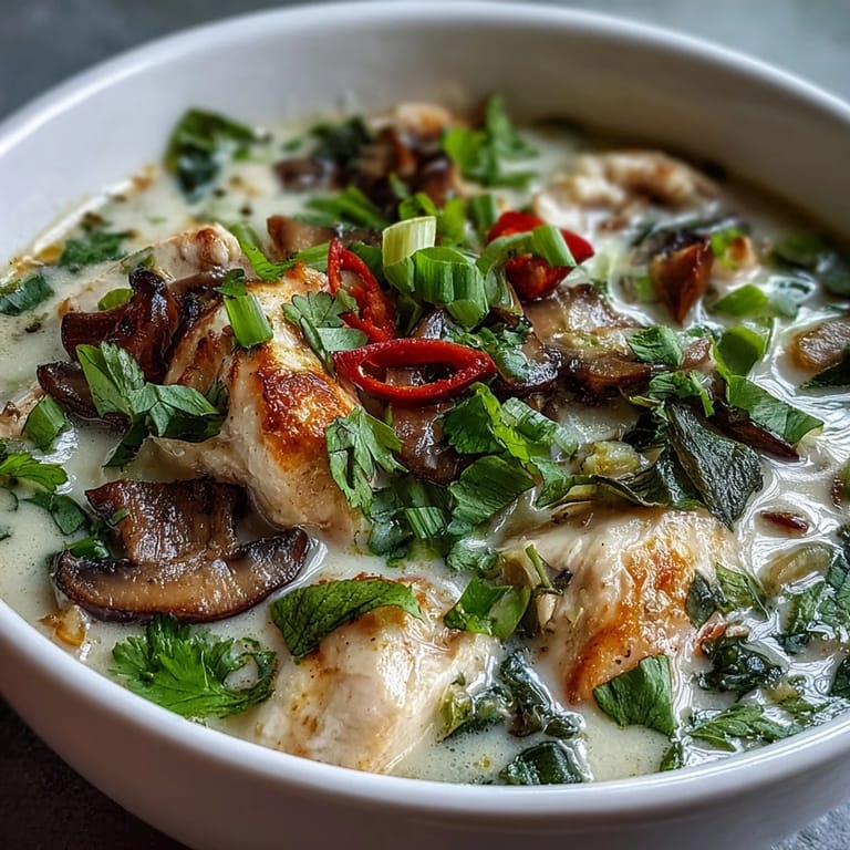A vibrant serving of Authentic Tom Kha Gai featuring lemongrass aromatics, chicken, and mushrooms, perfect alongside chopsticks and a spoon for a satisfying meal.