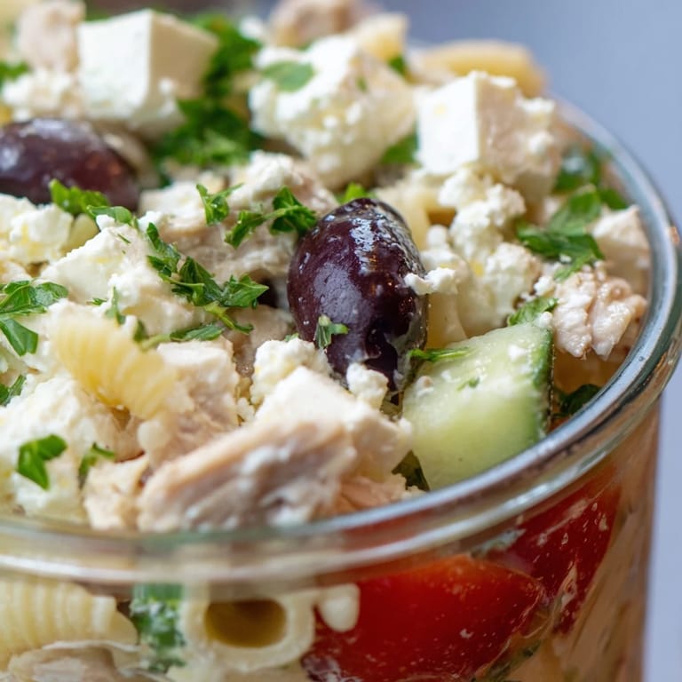 Healthy meal prep Greek Pasta Chicken Salad Jars ready to eat, displaying colorful vegetables and savory dressing layered perfectly.