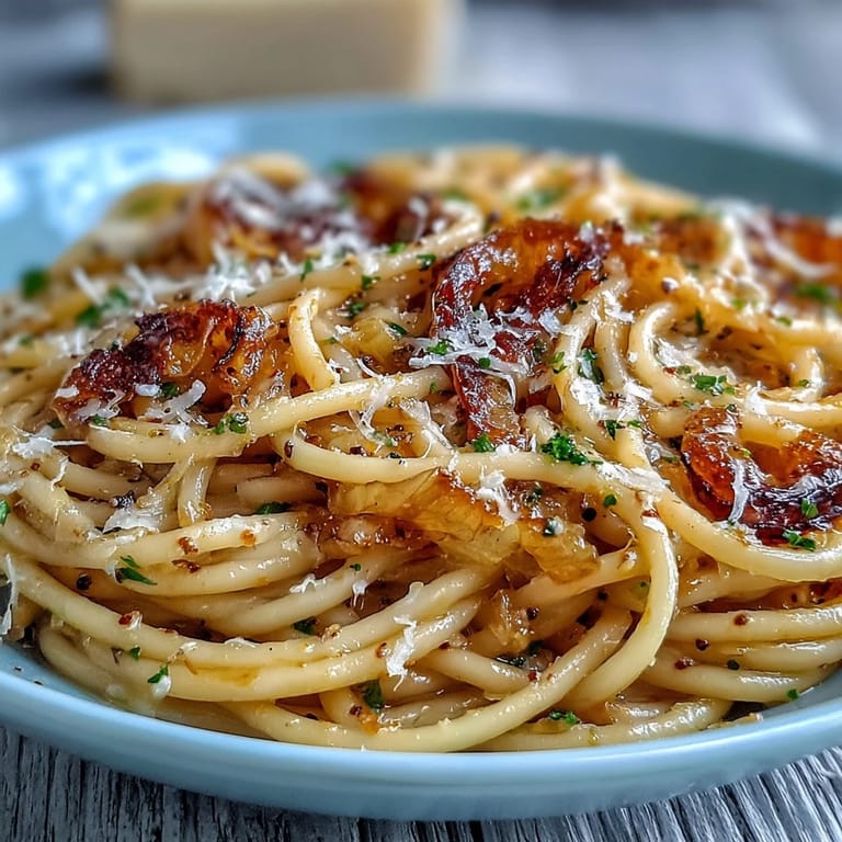 Close-up of Cabbage Pasta With Garlic and Parmesan showing silky strands, tender cabbage, and freshly grated Parmesan cheese.