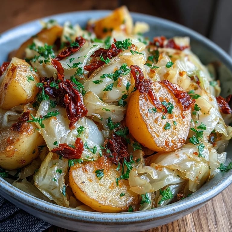 A close-up of Braised Cabbage With Potatoes and Chili, garnished with fresh parsley and lemon wedges for zest.