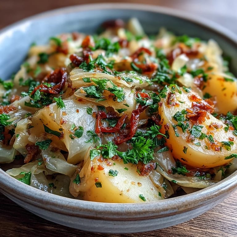 Savory Braised Cabbage With Potatoes and Chili served in a deep bowl, ready to be paired with crusty bread.