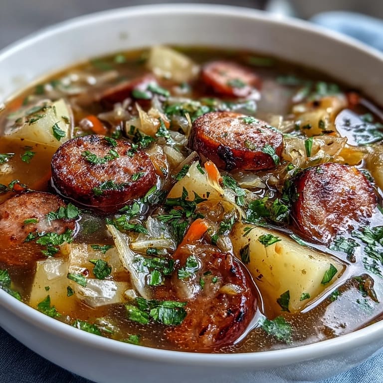 Sizzling smoked sausage slices and tender cabbage floating in hearty Sausage, Potato and Cabbage Soup. 