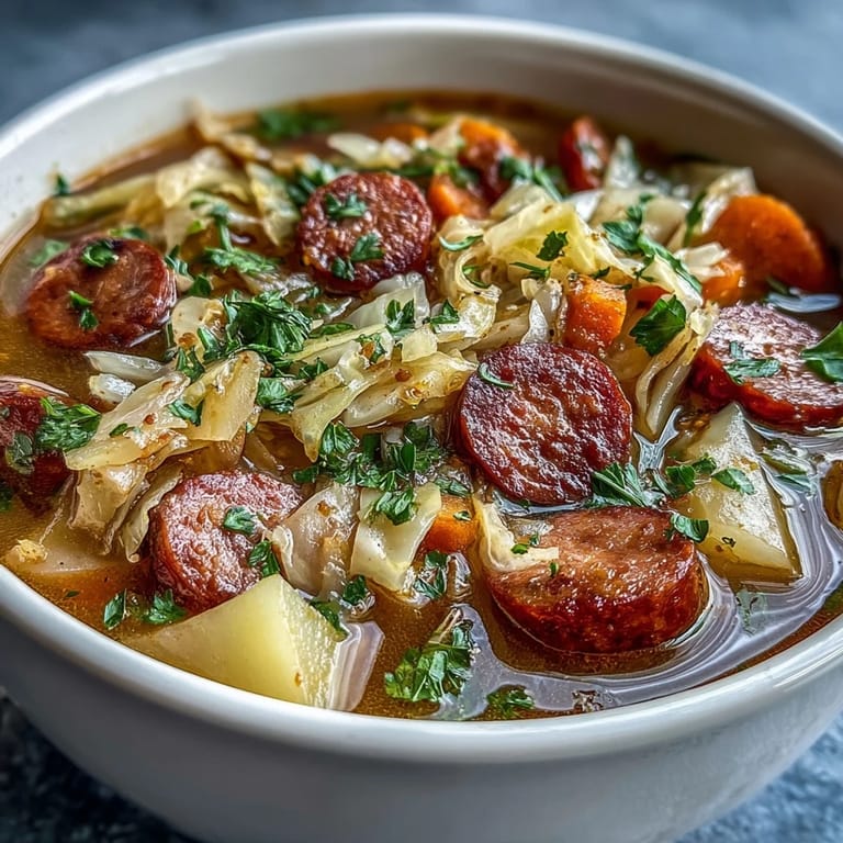 Hearty Sausage, Potato and Cabbage Soup served in a rustic bowl with crusty bread on the side.