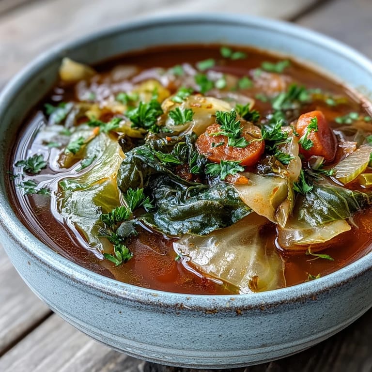 Overhead view of Classic Cabbage Soup with a spoon resting beside the bowl, highlighting the colorful mix of tomatoes and savory broth.