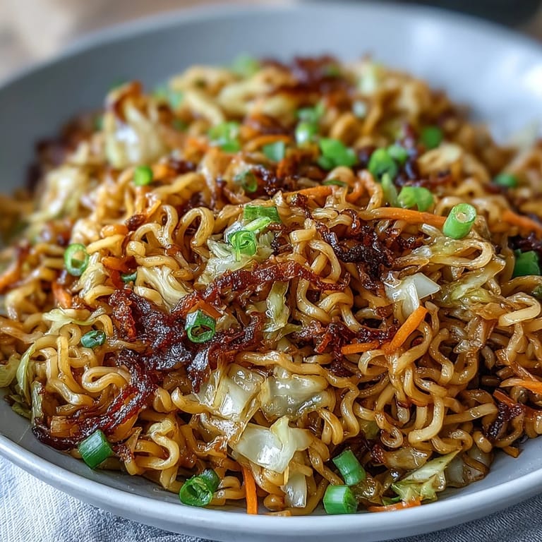Homemade Fried Cabbage Ramen served steaming hot in a ceramic bowl, perfect for a quick vegetarian dinner.