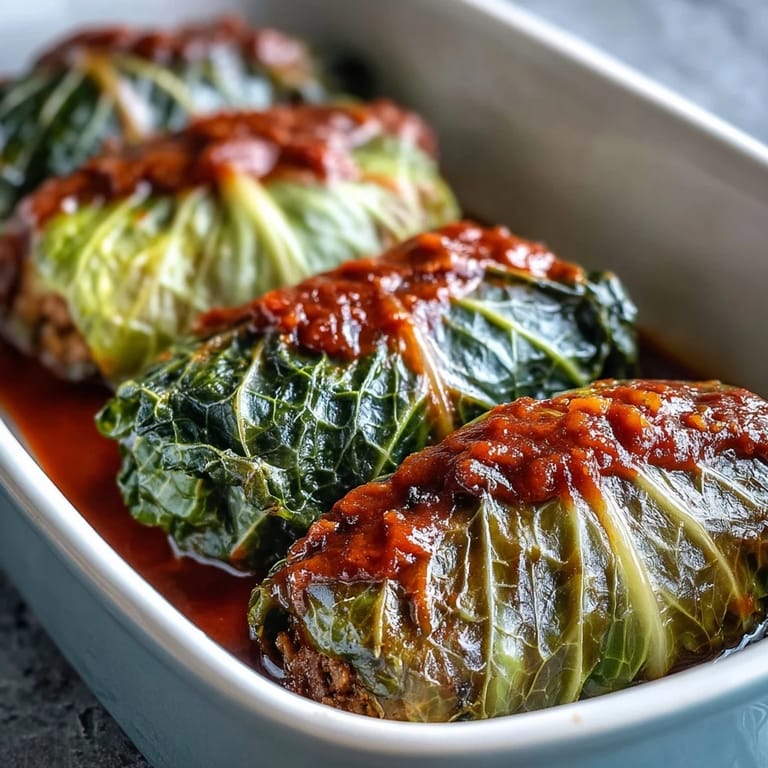Hearty Eastern European cabbage rolls bubbling in a red sauce, ready to be served with crusty bread.