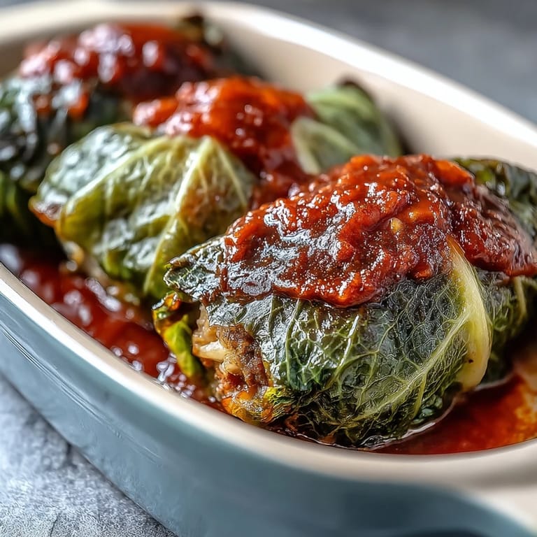 A close-up of stuffed cabbage rolls with tender leaves and a savory ground meat and rice filling.
