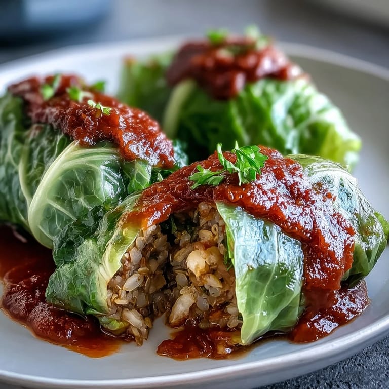 Steam rises from a platter of freshly baked vegan cabbage rolls, highlighting the savory tomato sauce and aromatic herbs in this comforting meal.