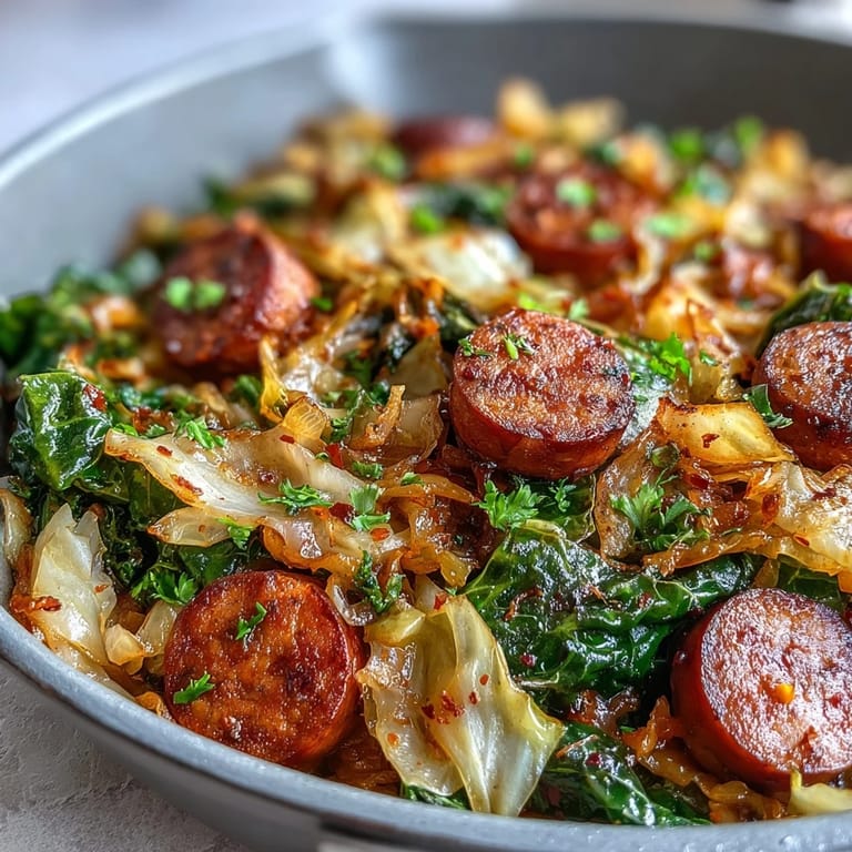 One-pan Southern Smothered Cabbage With Sausage Skillet with caramelized onions and a splash of chicken broth.
