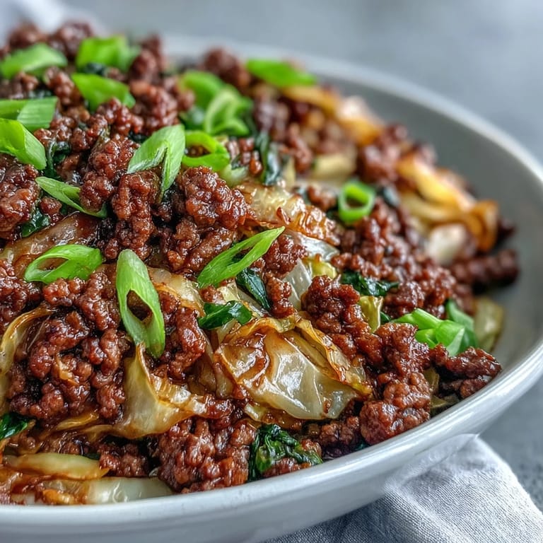 Sizzling Chinese Ground Beef and Cabbage Stir-Fry served in a bowl over fluffy steamed rice.