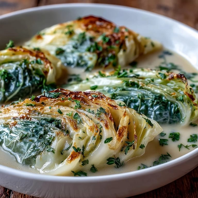 Tender cabbage wedges simmer in a creamy Parmesan broth garnished with fresh parsley and chives.