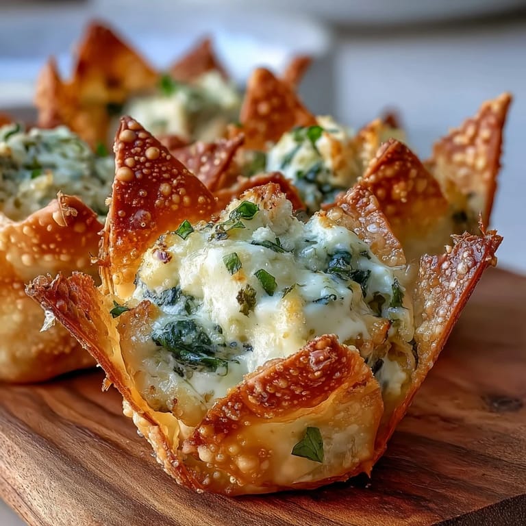 Freshly baked Mediterranean Spinach and Feta Cheese Crisps served warm on a wooden board, ready for a party appetizer.