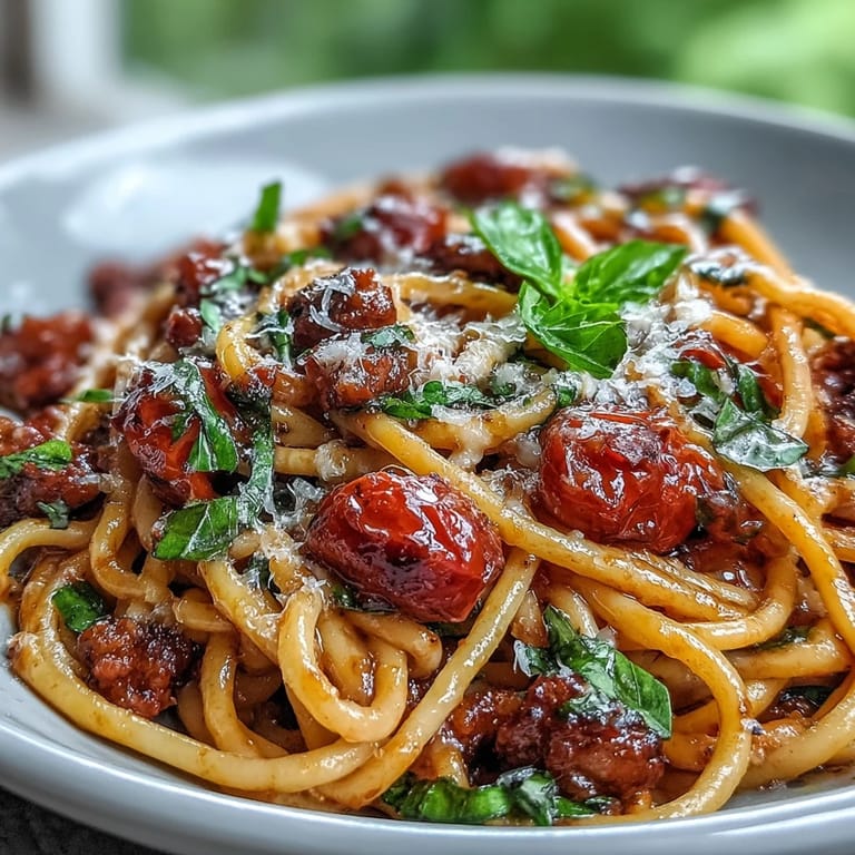 A close-up of vibrant Italian Drunken Noodles with shrimp, garlic, and onions sizzling in a skillet.