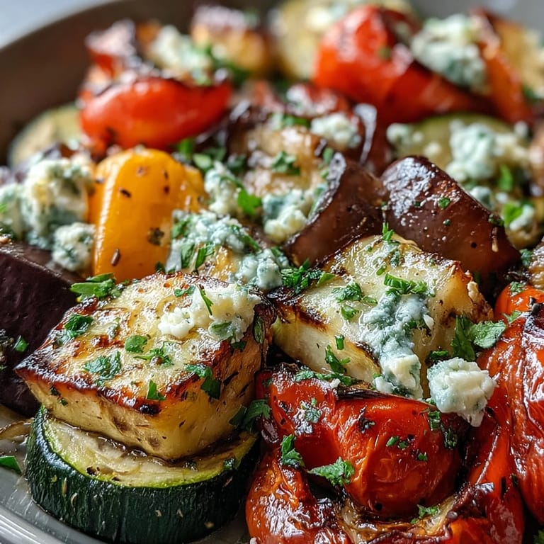 Colorful Roasted Mediterranean Greek Vegetables, roasted with herbs, cherry tomatoes, and garnished with parsley and feta.