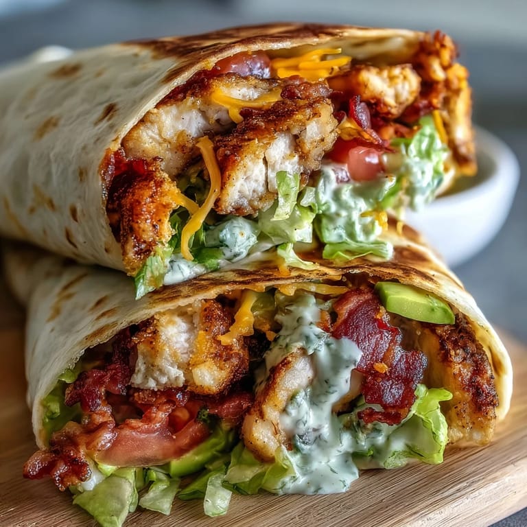 Golden-brown Crispy Chicken Bacon Wrap sliced in half on a wooden board, creamy avocado and lettuce peeking out.