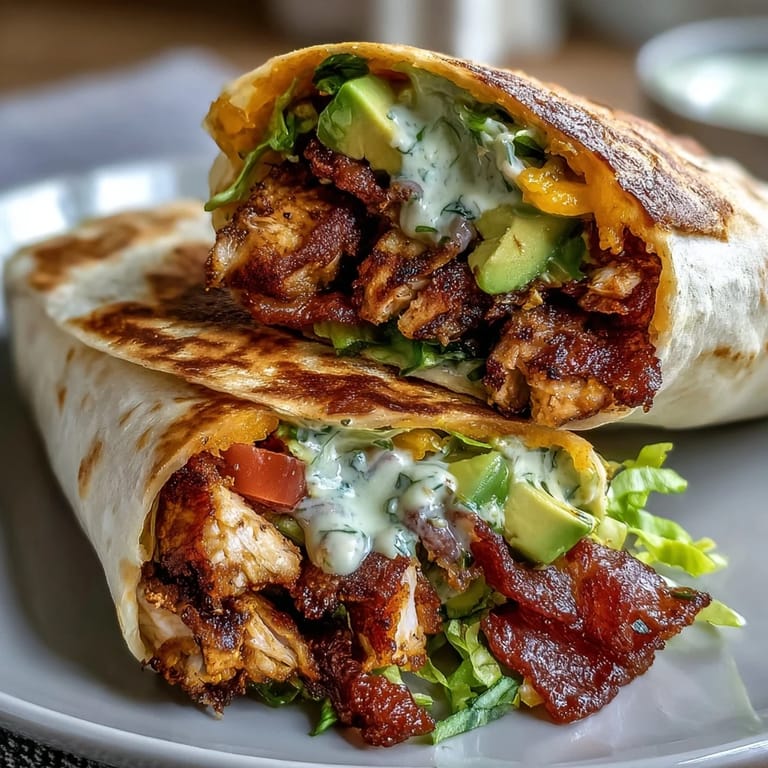 Handheld Crispy Chicken Bacon Wrap served with a small bowl of tangy mayo dipping sauce beside it.