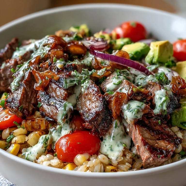 Sliced flank steak, creamy avocado, and bright cherry tomatoes sit atop fluffy rice in this savory Tex-Mex bowl.
