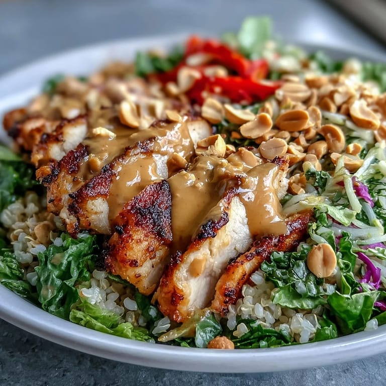 A generous drizzle of creamy peanut sauce coats this wholesome Peanut Chicken Power Bowl, served over fluffy brown rice.