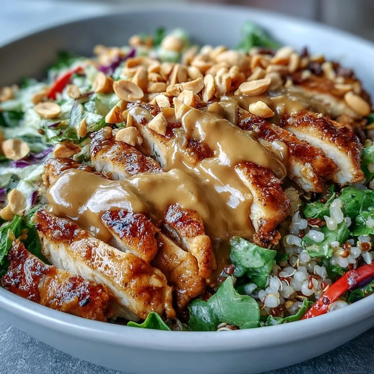 Close-up of a fresh Peanut Chicken Power Bowl with cucumbers, purple cabbage, and cilantro, ready for a quick dinner.