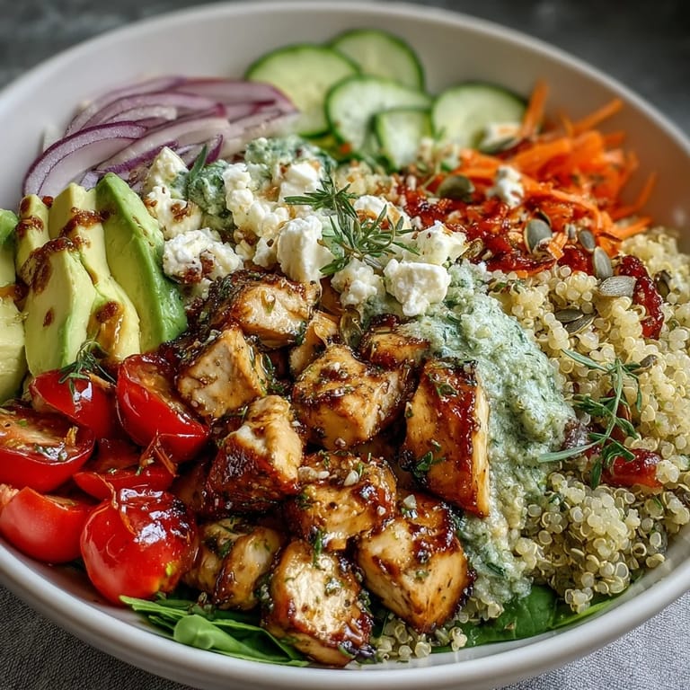 Healthy Simple Grain Bowl topped with fresh cucumbers, carrots, red onion, and feta cheese.