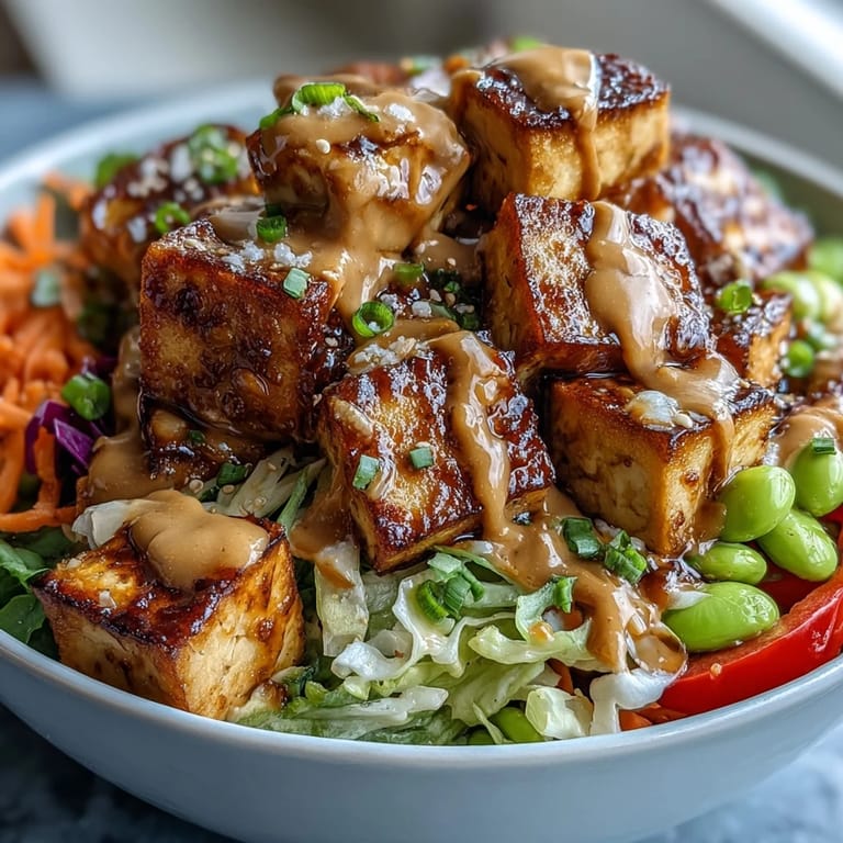 Edamame and shredded purple cabbage add color to this healthy Peanut Tofu Power Bowl.
