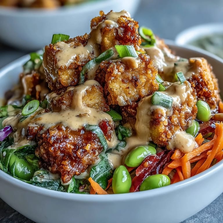 A creamy peanut sauce drizzles over fresh veggies and tofu in this satisfying meal.