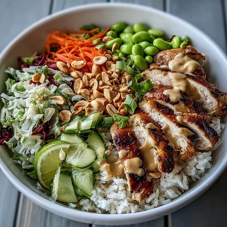 A colorful deconstructed coconut rice peanut bowl ready to eat, featuring juicy chicken and crunchy peanuts, served with lime.