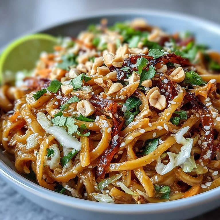 A close-up of an Asian Peanut Noodle Bowl topped with chopped peanuts and sesame seeds, served with lime wedges.