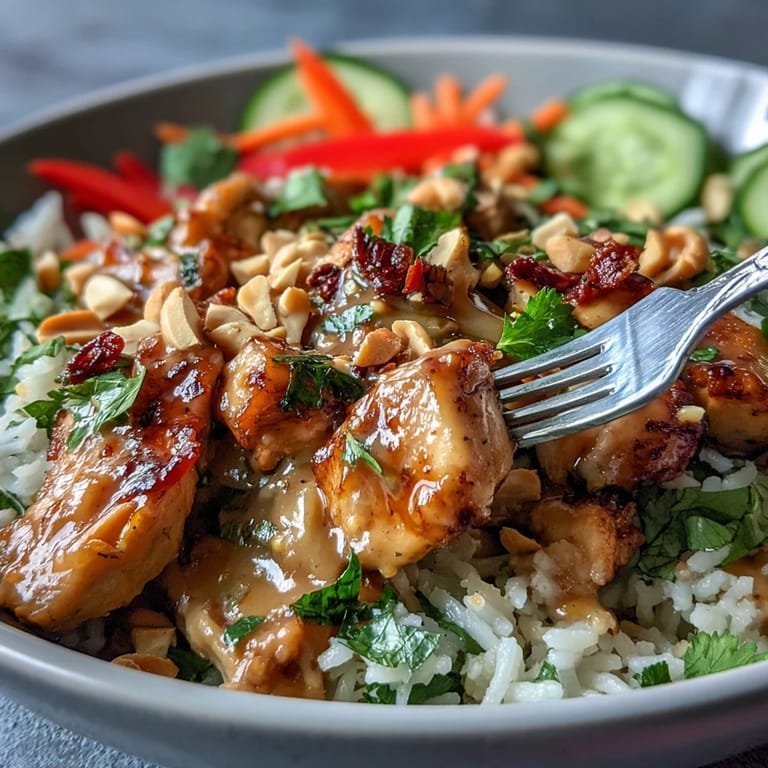 Thai Peanut Chicken Bowl featuring fluffy coconut rice, crisp cucumber, bell peppers, and a creamy drizzle.
